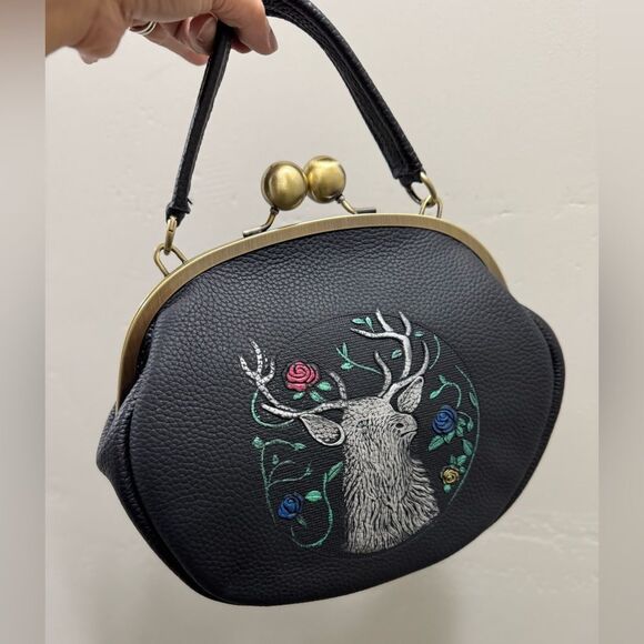 Hand-Tooled & Deer Texture Cowhide Handmade Kisslock Round Bag, Multi Use Style - Picture 7 of 16